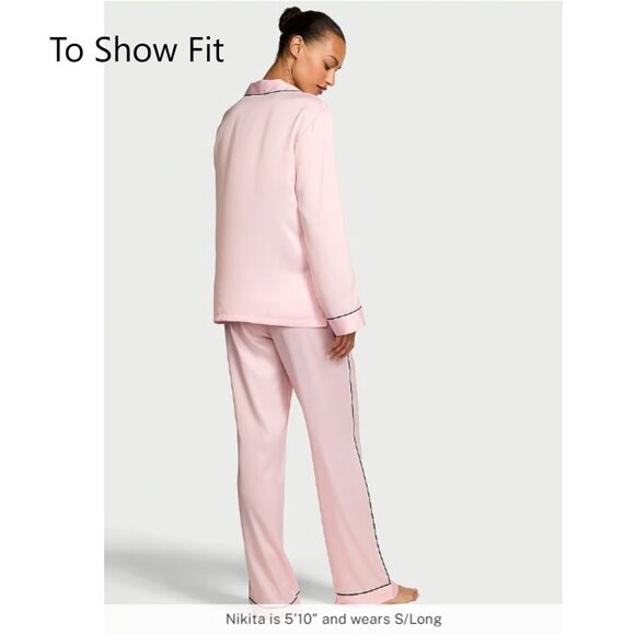 Victoria's Secret Satin Long Pajama Set Lounge Sleep Black Pink Hearts PJs Small - Picture 13 of 14